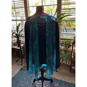 3 Piece Susan Graver Set V-Neck Slinky Tee Size L Flowing Duster & Beads BLUE